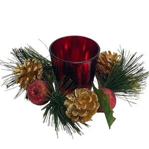 ChristmasTea Light with Holiday Pine  Votive Candle Holder Red Glass